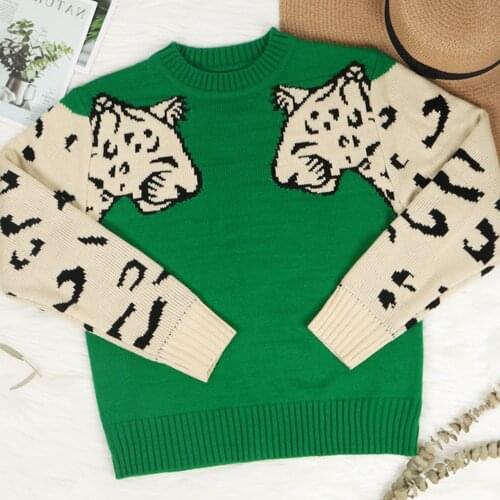 Casual fashion leopard stretch sweater top knitted long sleeve print sweater