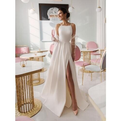 With High Slit Thinner Straps Sleeveless A-line New White Bridal Gown Chic Simple Wedding Dresses Robe De Mariee