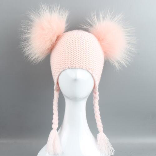 Baby Real Fur Pompom Hat Kids Winter Crochet Earflap Hat Girls Boys Knitted Beanie Hat With Ears Two Pom pom Hat For Children