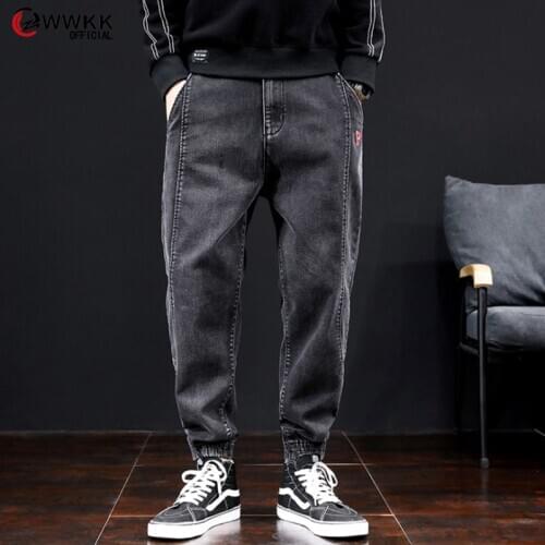 WWKK Mens Japanese Fashions Harem Black gray Jeans Pants 2020 Vintage Straight Pants Harajuku Jeans Baggy High Quality Denim