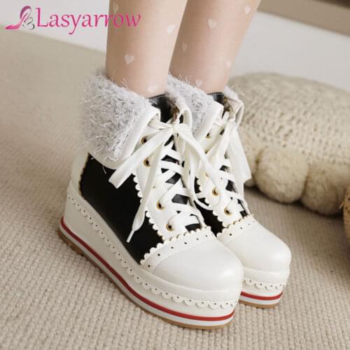 Lasyarrow 2021 Womens Motorcycle Ankle Boots Wedge Heel Women Lace-up Platform Autumn Black Casual Shoes Womens Botas Mujer