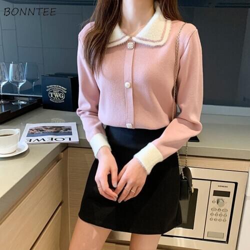 Pullovers Women Turn-down Collar Single Breasted Patchwork Vintage Korean Preppy Style Sweet Kawaii Girls Elegant Loose Casual