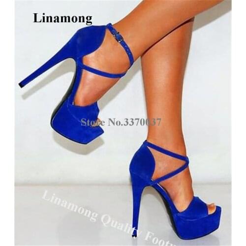 Linamong Women Elegant Open Toe High Platform Stiletto Heel Suede Gladiator Sandals Blue Rose Pink Straps Cross High Heel Sandal