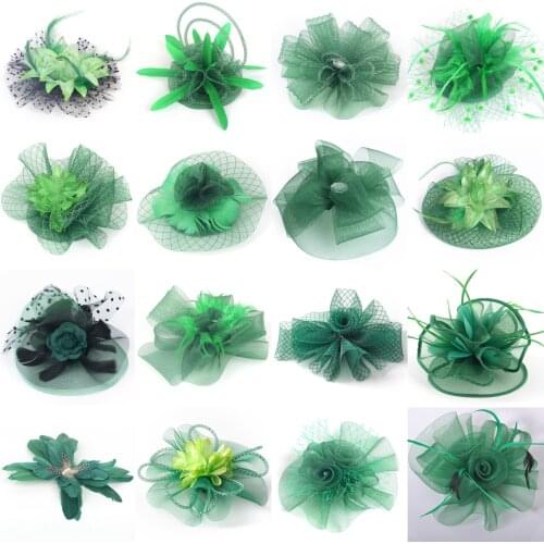 16design Handmade Green Fascinator Flowers Feathers Church Hat Veils Hair Clips Cocktail Weddings Party Women Hairpiece