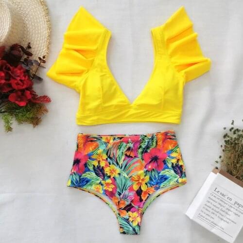 Women Ruffle Monokini Adjustable Shoulder Swimsuit Bodysuit Bathing Suit Swim Wear Broken Flower Retro High Waist Swimsuit