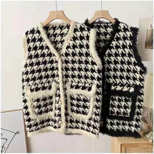 2021 Vinatge Houndstooth Sweater Vest Women Autumn Winter V Neck Sleeveless Knitted Vest Female Sleeveless Jacket chaleco mujer