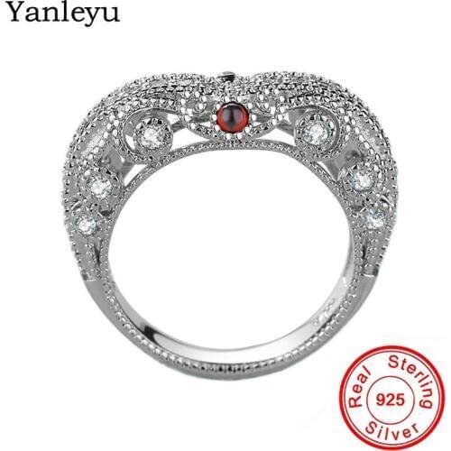 Yanleyu Luxury Baroque Vintage Jewelry Rubis Ball Heart Rings for Women Real 925 Sterling Silver Engagement Wedding Ring PR271