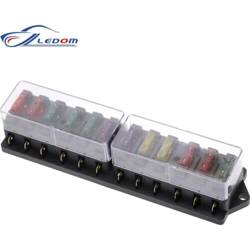 12 Way Fuse Box DC 12V 24V 32V 40A 1Pcs Plastic Cover Car Fuse Box Blade Block Holder with 10 Fuses for Auto Boat Marine Trike