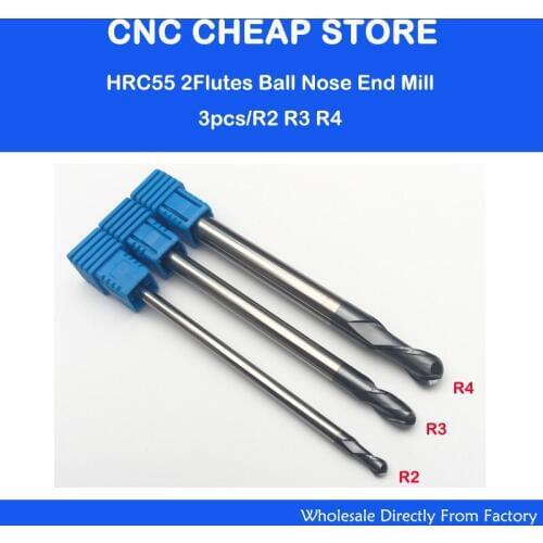 3pcs R2 R3 R4 HRC55 tungsten solid carbide 2F BALL NOSE end mill for CNC milling machine Long Two Flute length 100mm Lengthen