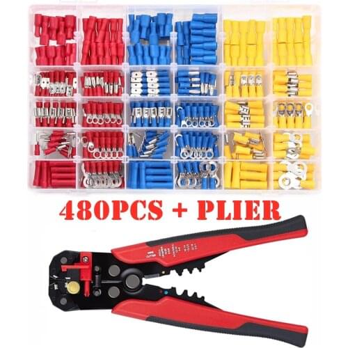 480PCS Wire Stripper Plier Spade Terminals Kits Insulated Cable Connector Electrical Wire Crimp Butt Ring Fork Set Ring Lugs