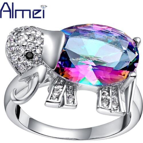 Almei Cute Silver Color Rings for Women Crystal Cute Elephant Dieren Ring Gifts Blue Rainbow Stone Animal Children Jewelry J378