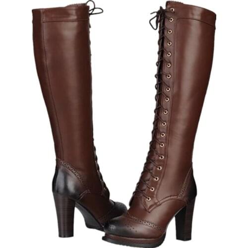 Asumer Size 34-43 Genuine Leather Boots Retro High Heels Winter Boots Lace Up Platform Knee High Boots