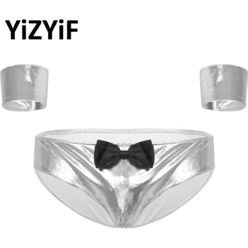 Bikini Men Shiny Metallic Briefs Panties Sexy Lingerie with Cuffs Low Rise Elastic Waistband Bulge Pouch Front Briefs Underwear