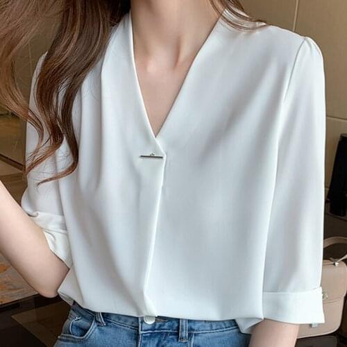 Blusas Mujer De Moda 2021 New Summer V-Neck White Blouse Chiffon Shirt Women Ladies Tops Womens Clothing Femme Blusas Y Camisas