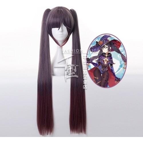 Game Genshin Impact Mona Cosplay Double Ponytail Dark Purple Wig Anime Costumes Earrings Hair Accessories Necklace Free Wig Cap
