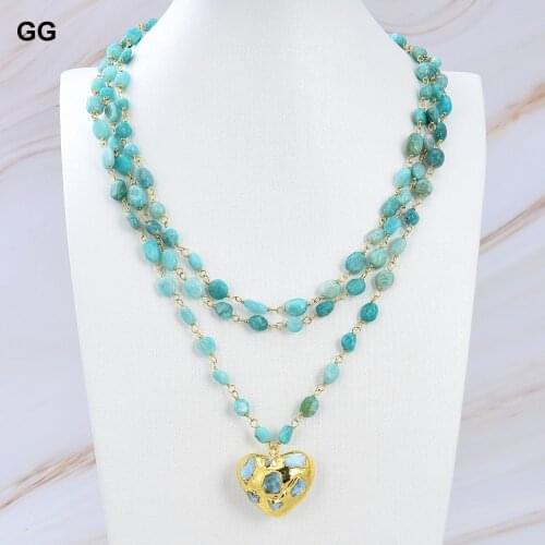 GG Jewelry 3Rows Natural Green Peruvian Amazonite Chain Necklace Heart-Shaped Larimar Pendant Statement Necklace For Lady Women