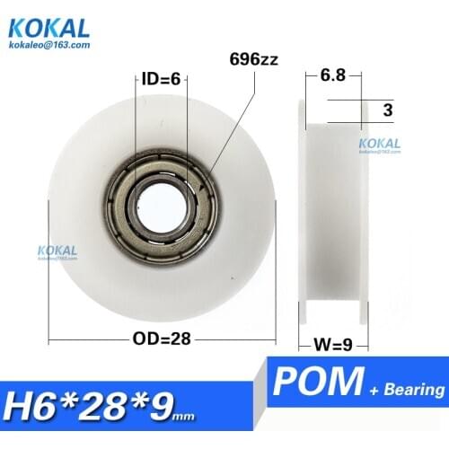 [H0628-9]Free Shipping 696zz bearing coated POM H type BELT PULLEY U H groove wheel for belt 6*28*9