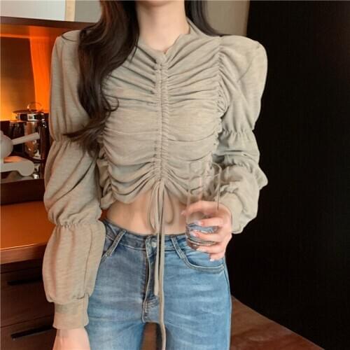 Short Style Wrinkle Women T Shirt Fashion Slim Chic Lace-up Female Tops Tee Shirts Casual O-neck Puff Sleeve Ladies Tshirt