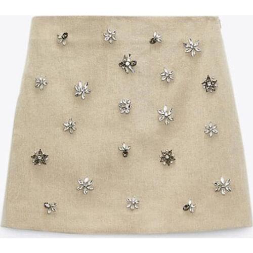 2021 Za Summer Women Chic Fashion Handwork Man-made Jewelry Inlay Mini Skirt Vintage High Waist Side Zipper Female Skirts Mujer