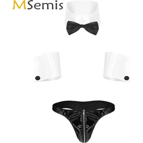 Mens Erotic Maid Uniform Wetlook Latex Leather Bikini Briefs+Collar Cuff Sexy Servant Cosplay Lingerie Set Club Roleplay Costume