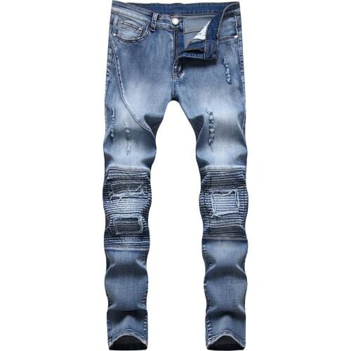 Mens Solid Color Patchwork Jeans Mid Waist Casual Fitting Stretch Ruched Slim Pleated Pencil Pants Trousers Outdoor Bottoms