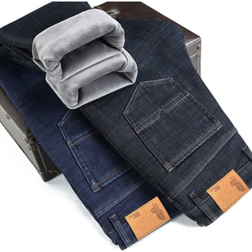 2021 Winter Brand New Fleece Thick Warm Fitted Straight Blue Black Jeans Classic Business Casual Mens High Quality Denim Jeans