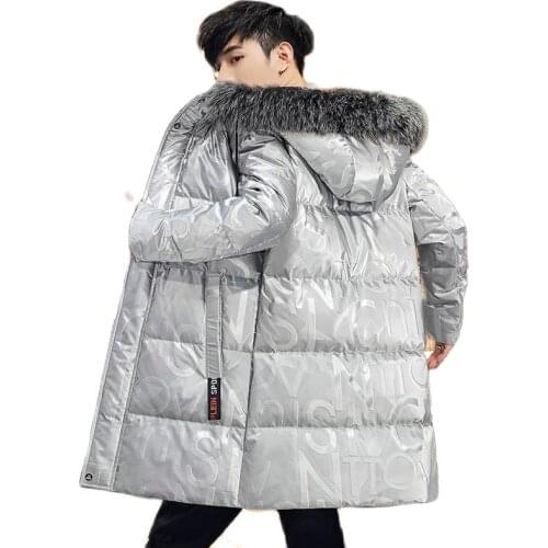 Men Autumn Winter Thick Warm Mid-Length Hooded Down Jacket Fur Collar Shiny Cotton Padded Coat Waterproof Top Large Size M-4XL