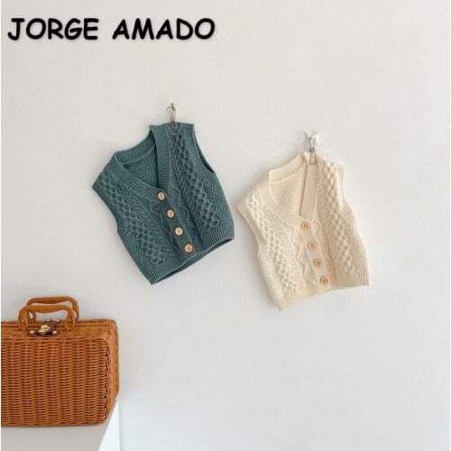 2021 New Autumn Girls Sweater Vest Beige Blue V-neck Solid Color Open Stitch Button Knitting Wool Waistcoats Kids Coat E3031