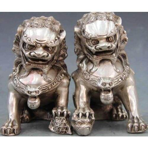 Chinese White Copper Silver Fengshui Evil Foo Dog Lion Kilin Brave troops Pair