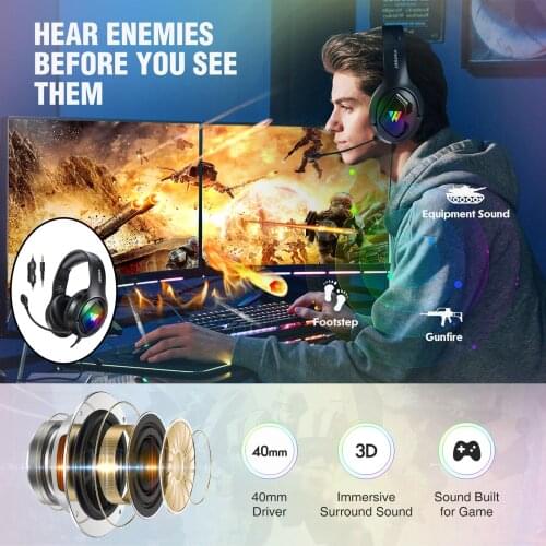 Wired RGB Gaming Headset Noise Cancelling with Mic Bass Surround Soft Earmuffs 3.5mm Plug for PS4 for PS5 Controller PC Gamer