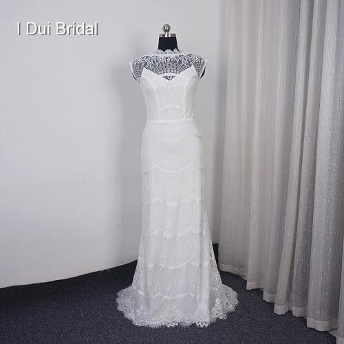 Sheer Lace Back Wedding Dress Sheath Elegant Bridal Gown