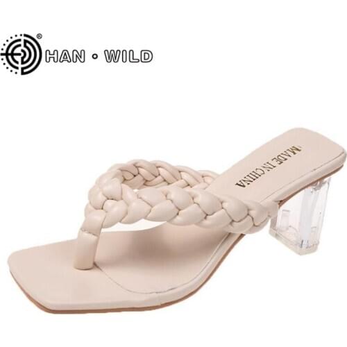 Transparent Square Heels Women Sandals Plus Size 42 Ladies Flip Flops Weave Shoes Women Slippers Summer Beach Slides