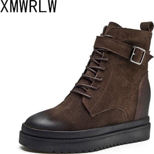 XMWRLW Womens Winter Ankle Boots Genuine Leather Hidden Heel Boots For Women Buckle Autumn Shoes Ladies Ankle Boot Winter Shoes