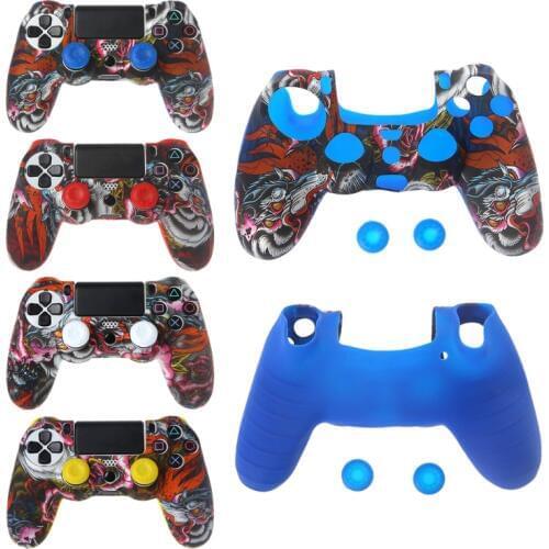Gamepad Controller Protective Cover Silicone Sleeve Guards + 2 Grip Caps For PS4