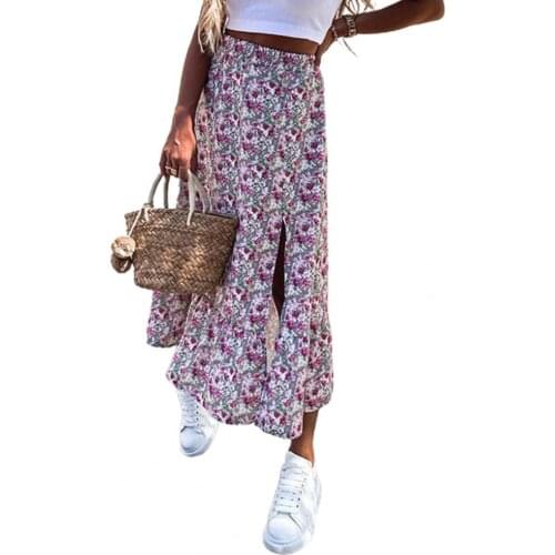 Boho Women Floral Print Skirt Beach Summer A-line Ruffle Stitching Skirt Daily Wear Blue xxl Womens Clothing 2021