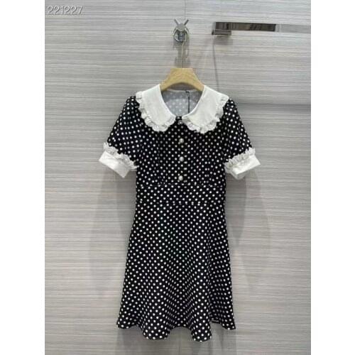 New 2021 Fashion Runway Summer Dress Womens Short Sleeve Dot Print Peter pan Collar Elegant Pearl Buttons Mini Dresses