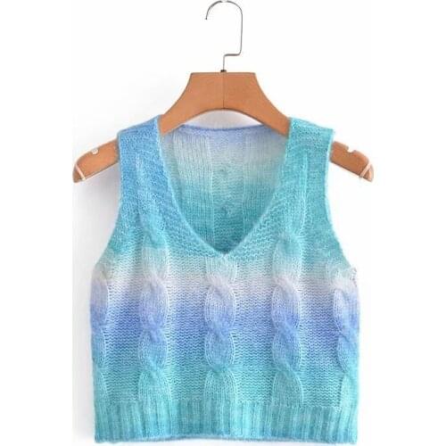 Blue Tie Dye Gradient Knitted Vest Vintage V-neck Sleeveless Comfortable Oversize Sweater Y2K Chic Crop Top Harajuku Autumn 2021