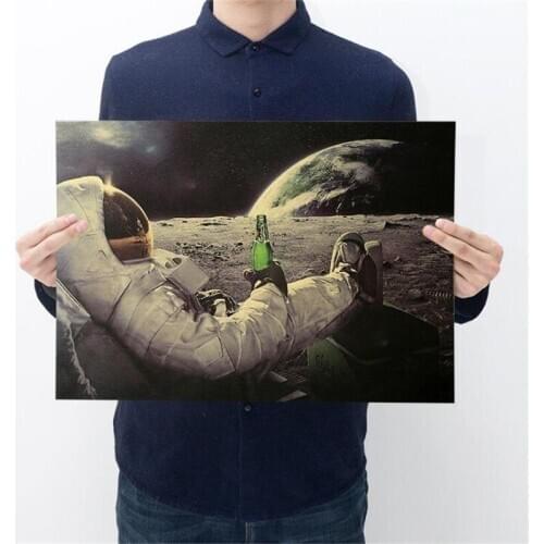 51cm x 35cm Earth Astronauts Drink Relaxing Moon Landing Outer Space Poster Vintage Stickers Kraft Paper Home Decor Wall Sticker