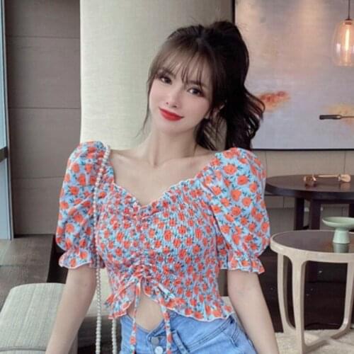 Summer Puff Sleeve Print Square Collar Fashion Women Blouses 2021 Summer Elegant Crop Top Slim Chiffon Shirts Fashion New