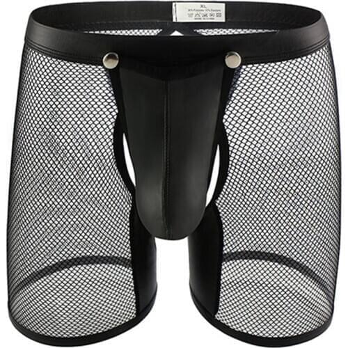 Men Underwear Shorts Lingerie Sexy Mesh Transparent PU Leather Open Penis Pouch Long Leg Boxer Shorts Open Butt Fetish Clubwear
