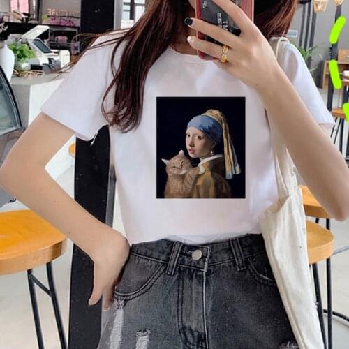 Oil painting of cats Print T shirt Women Fashion Tshirt O neck Short Sleeve Harajuku T shirt White Tops Female Tops