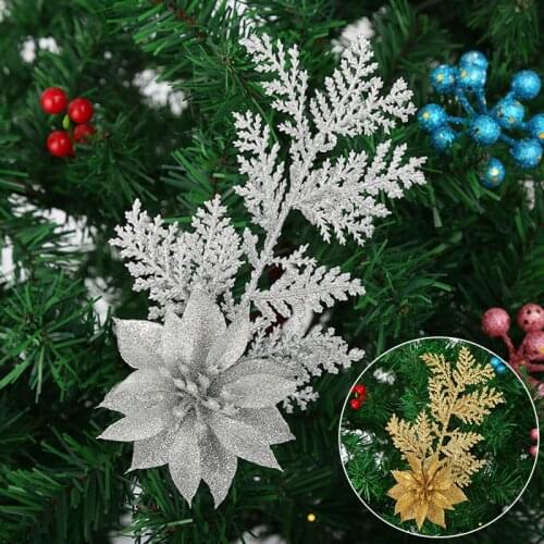 Artificial Flowers Christmas Flower Decoration Glitter Christmas Tree Decorations Fake Flowers Christmas Decor For New Year Part