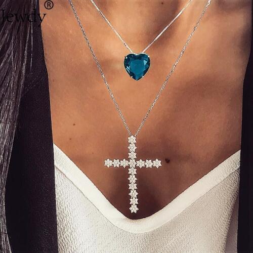 Jewdy vintage cross choker pendant necklace Women/Girl blue crystal heart charm lover Valentines Day Multi layer Jewellery