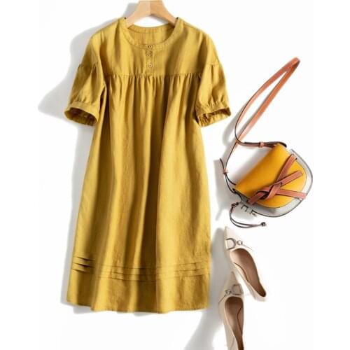 Summer New Women Loose Plus Size Petite Japan Style Cottagcore Comfortable Breathable French Water Washed Linen Dresses