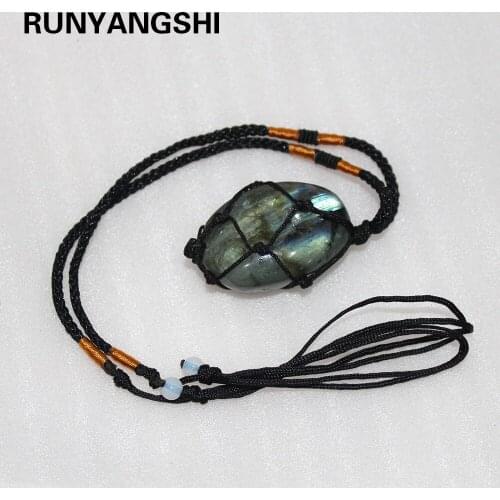 Natural Crystal Stone Elongated feldspar Hand-made net pocket Pendant Necklace jewelry Moonlight quartz