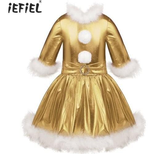 Christmas Clothes Kids Dresses For Girls Shiny Metallic Long Sleeves Christmas Dress Girl Cosplay Carnival Party Dance Costume