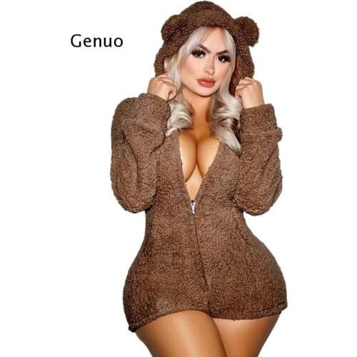 Warm Thick Fleece Playsuit Women Sexy Velvet Cat Suit Home Casual Bodysuit Fitness Teddy Romper Zipper Front Active Wear