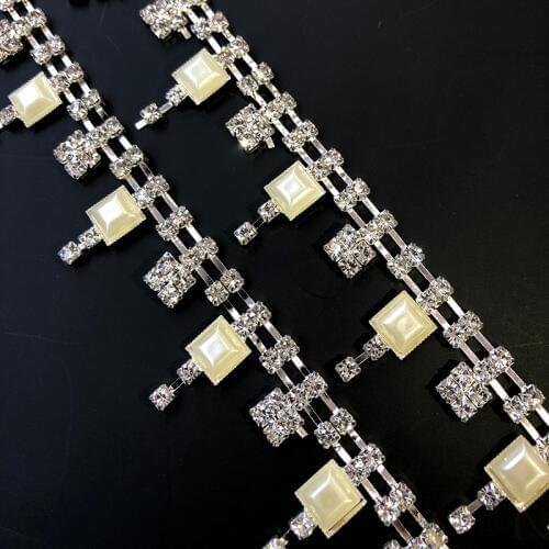 High quality Clothes decorative diamond chain Wedding dress accessories Pearl Beaded Lace Trim fabric applique patches
