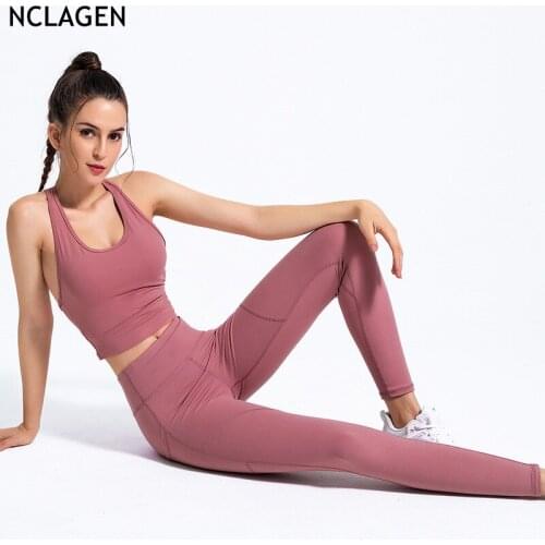 Women Sportwear 2 Piece Yoga Set High Elastic Sports Suit Fitness Leggings Pockets Crop Top Workout Gym Clothes NCLAGEN
