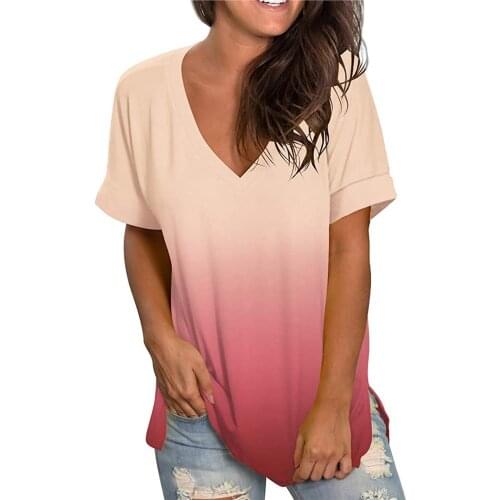 Womens Loose T-shirt Casual Gradient V-neck Short Sleeve Loose T-shirt Tops Ladies Leisure Tops Streetwear Tee Shirt